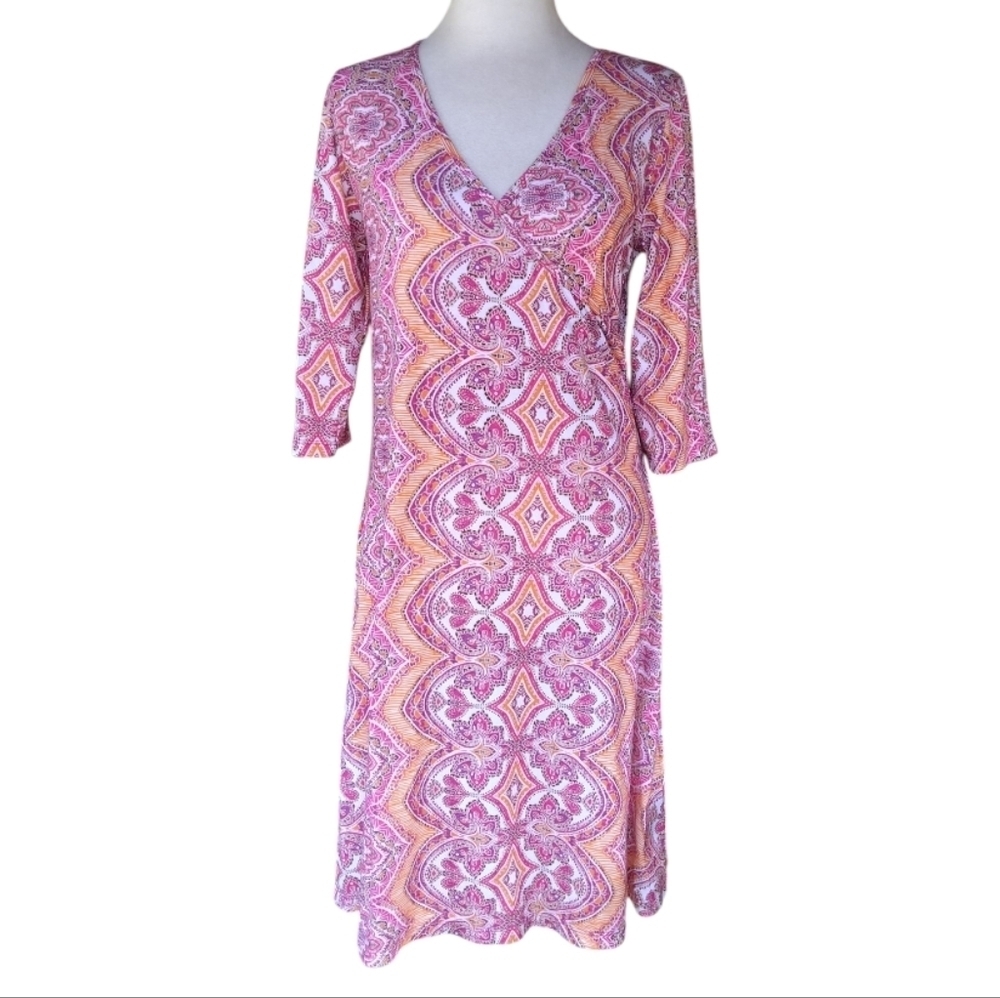 Prana Nadia Veeda Faux Wrap Colorful Orange Pink Midi Dress Size Large
